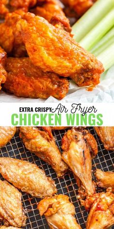 chicken wings on a grill with celery in the background and text overlay that reads extra crispy air fryer chicken wings