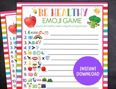 printable be healthy emo game for kids with rainbows, apples and broccoli