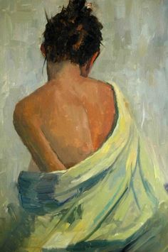 a painting of a woman wrapped in a white towel sitting on the ground with her back to the camera