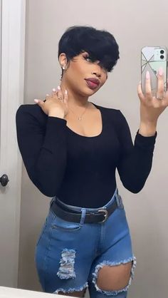 Shirt Haircuts For Women Black, Blue 27 Piece Quick Weave, Short Haircut With Bangs Black Women, Relaxed Pixie Haircut Black Women Round Face, Pixie Hair Cuts For Black Women, Short Hairstyle On Black Women, Short Wigs For Black Women Pixie Cuts, Natural Curly Pixie Haircut Black Women