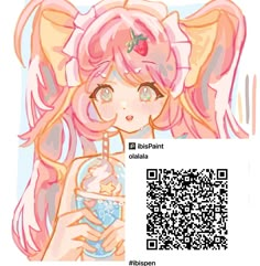 a girl with pink hair holding a drink and a qr code on her chest