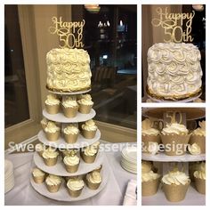 three tiered cake with cupcakes on top and happy 50th written on the side