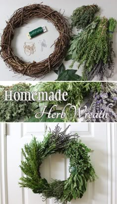 two pictures of wreaths with herbs on them and the words homemade herb wreath written in white