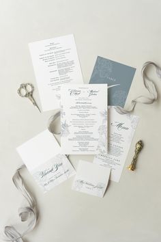 This sample pack includes our basic wedding day stationery, featuring a menu, wedding program, table number, name card, and thank you card. These are the essentials, but everything can be fully customized and upgraded to match your theme. You can also choose to order items individually in bulk. For example, if you only need menus and name cards, you can order 50 pieces minimum of each. We offer a wide variety of upgrades like luxurious paper, foil stamping, and unique fonts to create something truly special for your wedding day. ---------------------------------------------- INCLUDED IN THE SAMPLE PACK: * 5.5″x8.5″ order of ceremony / wedding program (digital front/back printing) * 4″x8″ wedding menu (digital front printing) * 4″x2″ tented name card (digital front printing) * 5″x7″ duplexe Basic Wedding, Floral Ceremony, Vintage Floral Wedding, Menu Wedding, Dusty Blue Wedding, Dusty Blue Weddings, Ceremony Programs, Luxury Paper, Wedding Program