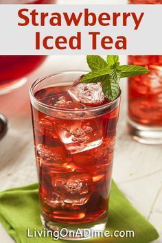 strawberry iced tea with ice and mint garnish