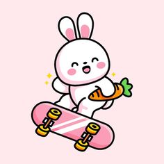 a cartoon bunny holding a carrot on top of a skateboard in front of a pink background