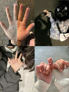 four different pictures with hands and fingers in the middle one has a cat ring on it's finger