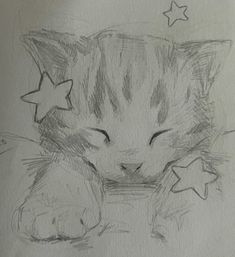 a drawing of a cat sleeping with its eyes closed and stars on it's head