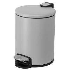 a white and black trash can on a white background with clippings for the lid