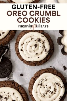 chocolate cookies with cream frosting and oreo crusts on top, next to an oreo cookie