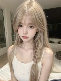 Chinese Blonde Hair, Korean Girl Blonde Hair, Japanese Blonde Hair, Milk Tea Hair Color Korea, Douyin Hair Color, Mid Bob Hair, Ash Blonde Asian Hair, Platinum Blonde Hair With Bangs, Korean Blonde Hair