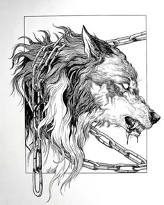 a drawing of a wolf's head with long hair and piercings on it