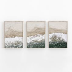 three paintings hang on the wall next to each other in front of a white wall