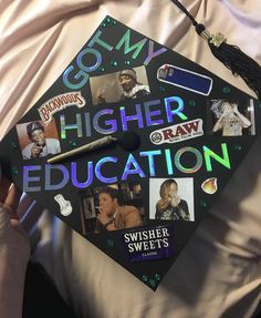 a graduation cap with the words higher education written on it and pictures of other graduates