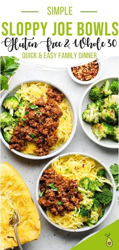 two bowls filled with spaghetti and meat next to broccoli on a white table