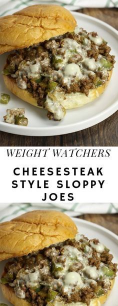 two plates with sandwiches on them and the words weight watchers cheese steak style sloppy joes