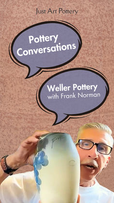 a man holding up a vase with two speech bubbles above it that say pottery conversations