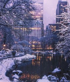 the city is covered in snow and it's lights shine brightly over the water