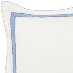 a white pillow with blue trim on the front and back of it's edges