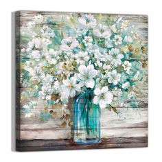 a painting of white flowers in a blue vase