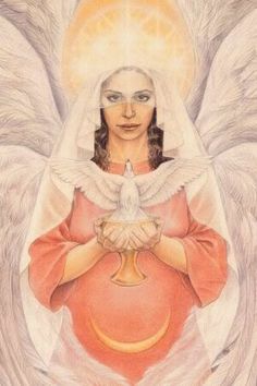 an angel holding a white dove in her hands