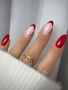 Valentines Nails Simple, Red Gel Nails, Burgundy Nails, White Nail, Hot Nails, Heart Nails, Fancy Nails