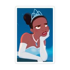 an animated character wearing a tiara and holding her hand to her face sticker