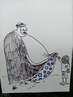 a drawing of a man sitting on top of a beach chair next to a little boy