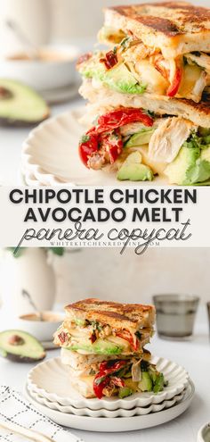 the chicken avocado melt sandwich is cut in half and stacked on top of each other