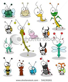 cartoon bugs and insects with different expressions