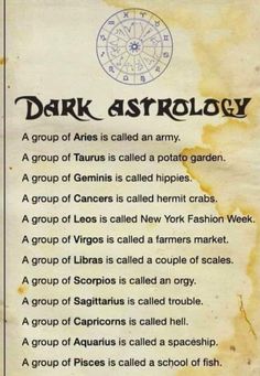 an old paper with some type of astrology on it's back side and the words dark astrology written in black