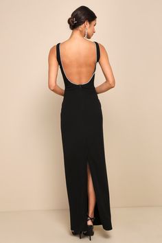 Black Maxi Dress - Rhinestone-Trimmed Dress - Backless Dress - Lulus Formal Wedding Guest Dress Winter Black Tie, Hot Prom Dresses Classy, Formal Black Wedding Guest Dress, Roommate Experiment, Ring Dance, Black Tie Dresses, Revenge Dress, Black Wedding Guest Dresses, Ethereal Dresses