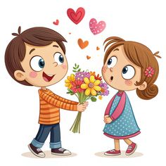 two children giving flowers to each other