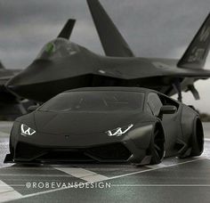 a black sports car sitting on top of a runway next to a jet fighter plane