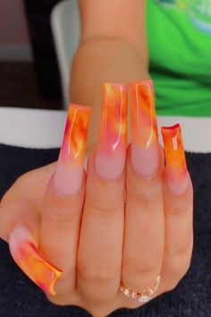 Marble Acrylic Nails, Orange Acrylic Nails, Orange Marble, Nails Orange, Ombre Acrylic Nails, Smink Inspiration, Summer Acrylic Nails