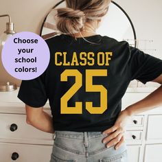 This Senior 25 Shirt with back design is the perfect unisex Tee for Seniors Graduating Class of 2025 Solid Colors: 100% Cotton Heather Colors: 80% Cotton, 20% Polyester >> Please check size charts before ordering! PRODUCT DETAILS       * Our products are unisex       * If you would like a tighter fit, please order one size down for shirts. For Comfort Colors, order 2 sizes up for T-shirt Dress.       * For Gildan Sweatshirts and Hoodies, sizing runs true to fit. Order up for oversized look.      * Follow care instructions      * Color tones may appear slightly different due to variations in computer/phone screen resolutions. HOW TO ORDER * Choose Color and Size from the dropdown menu and add to cart. Be sure to check size and color charts before making your selection >> Products are expect Senior Tshirts, Spirit Wear Designs, Senior 25, Senior Class Shirts, Senior Things, Sr 25, Class Shirt, Senior Shirts, Class Of 2025