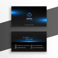 two business cards with blue lights on them