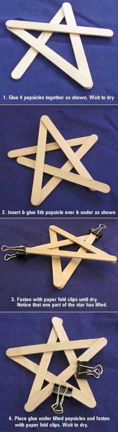 four pictures showing how to make an ornament out of popsicle sticks and clothes pins