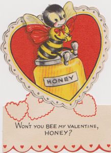 a valentine card with a bee sitting on a honey jar