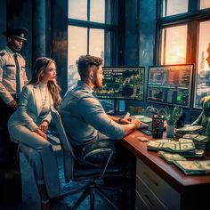 a man and woman sitting at a desk in front of computer monitors with stacks of money on it