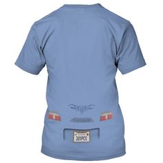 the back of a blue t - shirt with an image of a car