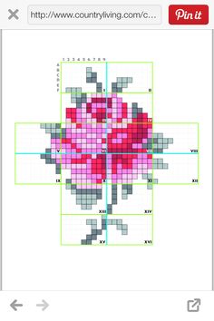 the cross stitch pattern is shown in red and grey, with an image of a flower on