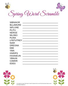 a spring word scramble with flowers and bees