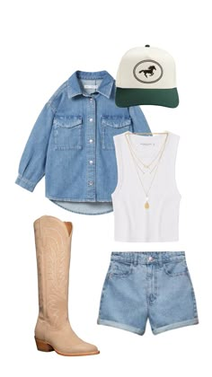 Chambray button down with cut off jeans and white tank. Tall suede cowgirl boots and trucker hat. Stockyards Fort Worth Outfit Fall, Southern Gameday Outfit, Cool Cowgirl Outfits, Cold Country Concert Outfit, Southern Summer Outfits, Winter Country Concert Outfit, Texas Fits, Luke Combs Concert Outfit, Luke Combs Concert