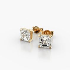 14K Yellow Gold Asscher Cut Shape Diamond Stud Earrings (1.50 CTW - H-I / SI1-SI2). This pair of classic, asscher shape diamond earrings feature a tapered basket that showcases the unique characteristics of an asscher shape diamond. The bold flashes of light and a luminescent nature capture the eye with every move. Asscher Cut Diamond Earrings, Ascher Cut, Asscher Cut Diamond, Unique Characteristics, Asscher Cut, Diamond Stud Earrings, 2024 Vision, Yellow Gold Earring, Diamond Stud