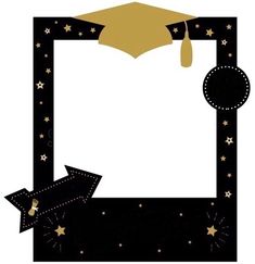 a black and gold graduation photo frame with stars on the bottom, and a mortar cap at the top