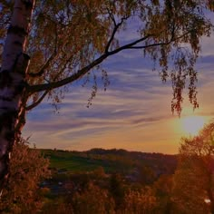 the sun is setting behind some trees