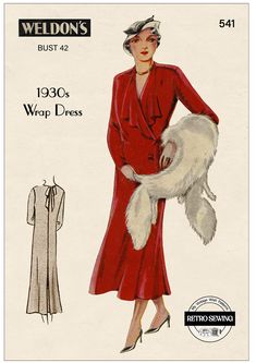 a woman in a red dress and fur stoler holding a white dog, with the caption weddon's bust 42