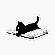 a black cat laying on top of an open book sticker with the word, i love cats