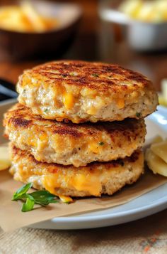 two crab cakes stacked on top of each other with lemon wedges next to them